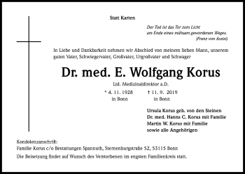 Anzeige von Wolfgang Korus von Kölner Stadt-Anzeiger / Kölnische Rundschau / Express