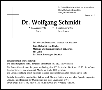 Anzeige von Wolfgang Schmidt von Kölner Stadt-Anzeiger / Kölnische Rundschau / Express