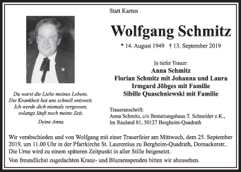 Anzeige von Wolfgang Schmitz von  Sonntags-Post 