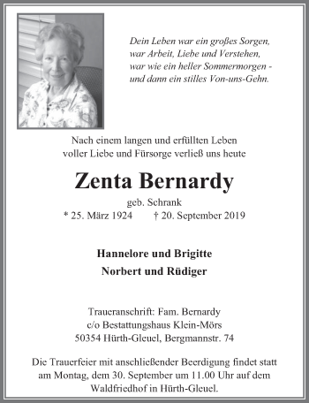 Anzeige von Zenta Bernardy von  Wochenende 