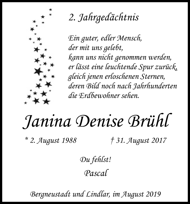  Traueranzeige für Janina Denise Brühl vom 02.09.2019 aus Kölner Stadt-Anzeiger / Kölnische Rundschau / Express