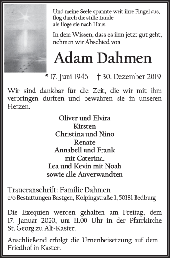 Anzeige von Adam Dahmen von  Sonntags-Post 
