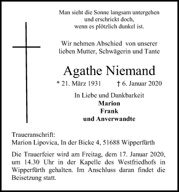 Anzeige von Agathe Niemand von Kölner Stadt-Anzeiger / Kölnische Rundschau / Express