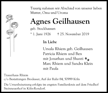 Anzeige von Agnes Geilhausen von Kölner Stadt-Anzeiger / Kölnische Rundschau / Express