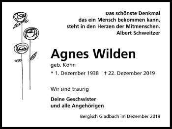 Anzeige von Agnes Wilden von Kölner Stadt-Anzeiger / Kölnische Rundschau / Express