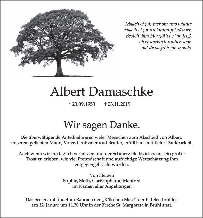  Traueranzeige für Albert Damaschke vom 08.01.2020 aus  Schlossbote/Werbekurier 