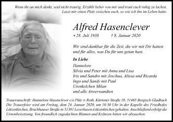 Anzeige von Alfred Hasenclever von Kölner Stadt-Anzeiger / Kölnische Rundschau / Express