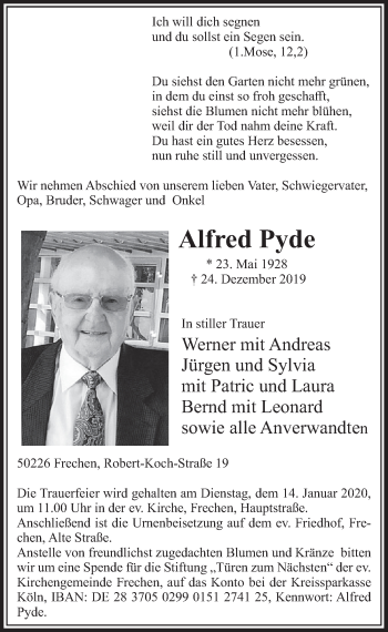 Anzeige von Alfred Pyde von  Sonntags-Post 