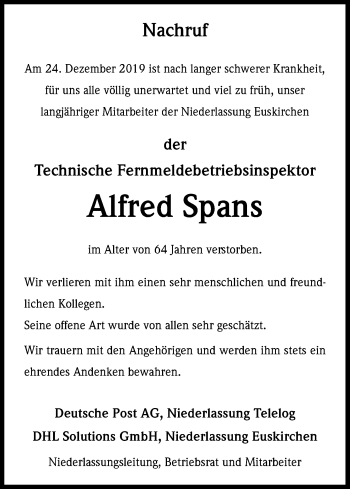 Anzeige von Alfred Spans von Kölner Stadt-Anzeiger / Kölnische Rundschau / Express
