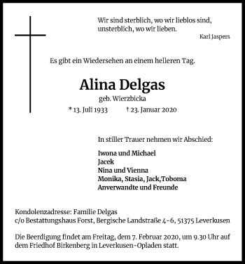 Anzeige von Alina Delgas von Kölner Stadt-Anzeiger / Kölnische Rundschau / Express