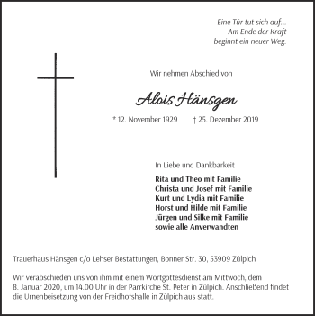 Anzeige von Alois Hänsgen von  Blickpunkt Euskirchen 