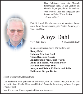 Anzeige von Aloys Dahl von Kölner Stadt-Anzeiger / Kölnische Rundschau / Express