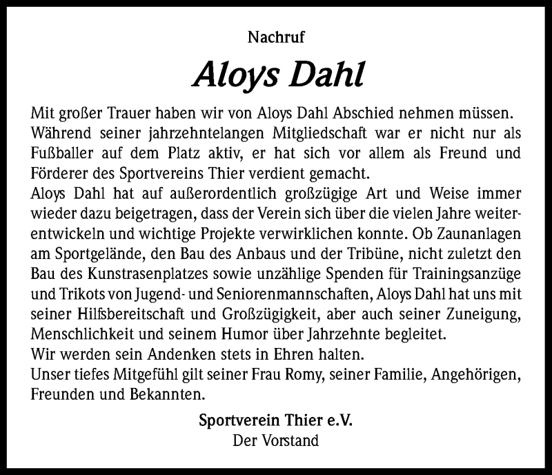  Traueranzeige für Aloys Dahl vom 29.01.2020 aus Kölner Stadt-Anzeiger / Kölnische Rundschau / Express