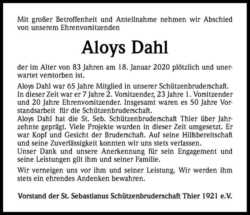  Traueranzeige für Aloys Dahl vom 25.01.2020 aus Kölner Stadt-Anzeiger / Kölnische Rundschau / Express