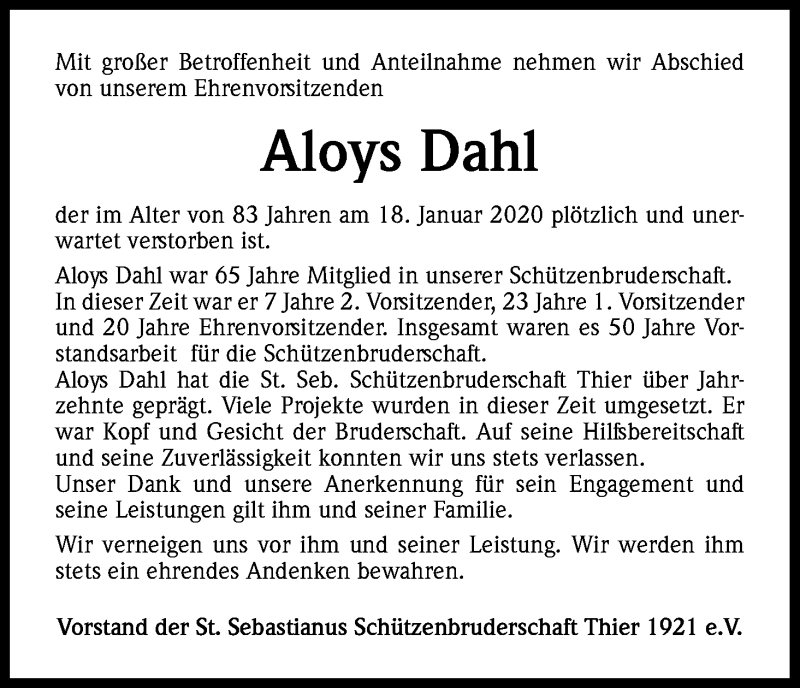  Traueranzeige für Aloys Dahl vom 27.01.2020 aus Kölner Stadt-Anzeiger / Kölnische Rundschau / Express