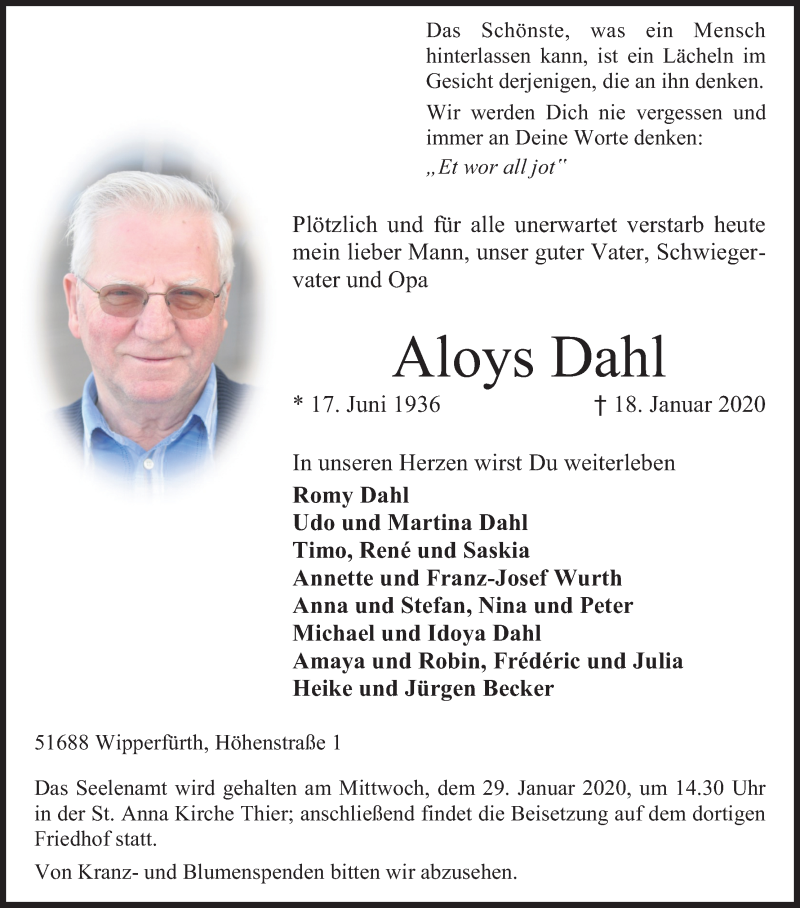  Traueranzeige für Aloys Dahl vom 22.01.2020 aus Kölner Stadt-Anzeiger / Kölnische Rundschau / Express