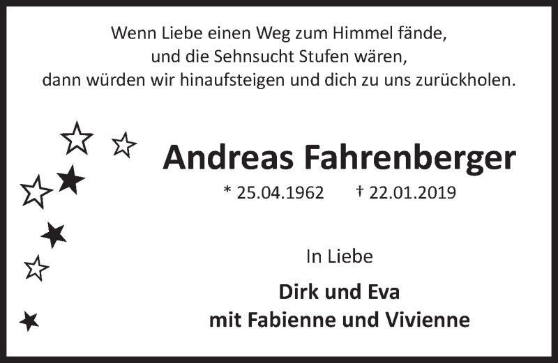  Traueranzeige für Andreas Fahrenberger vom 22.01.2020 aus  Schlossbote/Werbekurier 