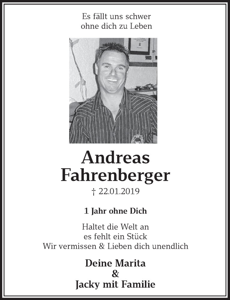  Traueranzeige für Andreas Fahrenberger vom 22.01.2020 aus  Schlossbote/Werbekurier 