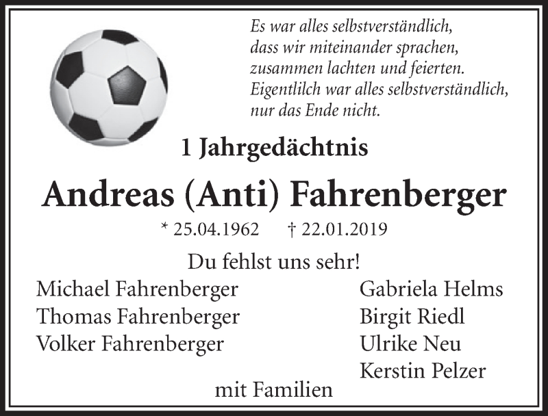  Traueranzeige für Andreas Fahrenberger vom 22.01.2020 aus  Schlossbote/Werbekurier 