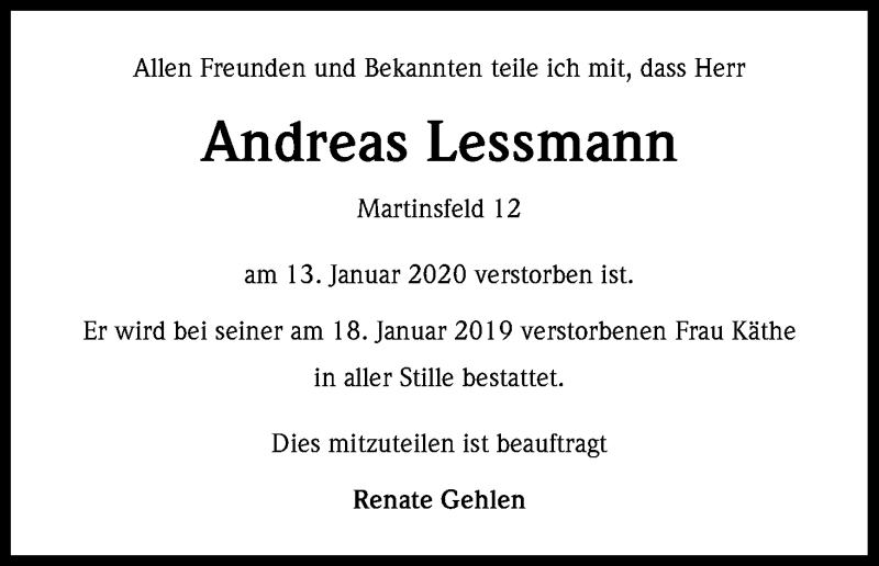  Traueranzeige für Andreas Lessmann vom 18.01.2020 aus Kölner Stadt-Anzeiger / Kölnische Rundschau / Express