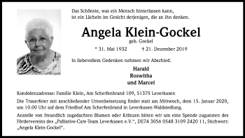 Anzeige von Angela Klein-Gockel von Kölner Stadt-Anzeiger / Kölnische Rundschau / Express
