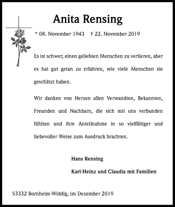 Anzeige von Anita Rensing von Kölner Stadt-Anzeiger / Kölnische Rundschau / Express