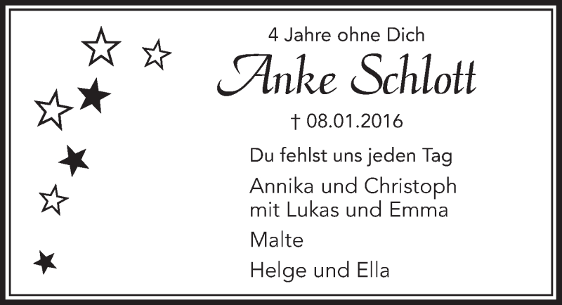  Traueranzeige für Anke Schlott vom 08.01.2020 aus  Schlossbote/Werbekurier 