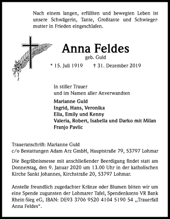Anzeige von Anna Feldes von Kölner Stadt-Anzeiger / Kölnische Rundschau / Express