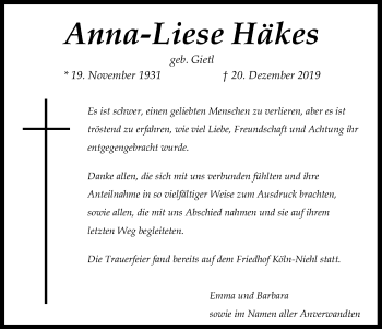 Anzeige von Anna-Liese Häkes von Kölner Stadt-Anzeiger / Kölnische Rundschau / Express