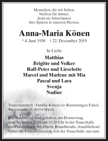 Anzeige von Anna-Maria Könen von  Wochenende 