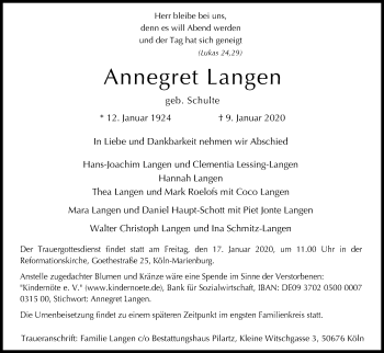 Anzeige von Annegret Langen von Kölner Stadt-Anzeiger / Kölnische Rundschau / Express