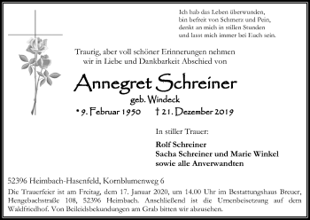 Anzeige von Annegret Schreiner von Kölner Stadt-Anzeiger / Kölnische Rundschau / Express