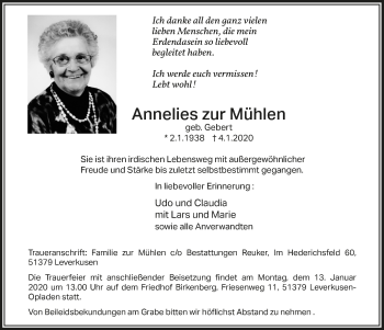 Anzeige von Annelies zur Mühlen von  Leverkusener Wochenende 