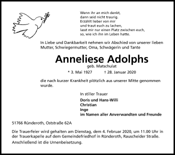 Anzeige von Anneliese Adolphs von Kölner Stadt-Anzeiger / Kölnische Rundschau / Express