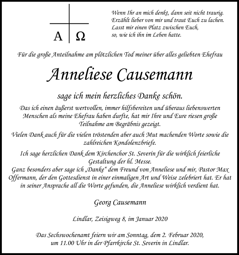  Traueranzeige für Anneliese Causemann vom 25.01.2020 aus Kölner Stadt-Anzeiger / Kölnische Rundschau / Express