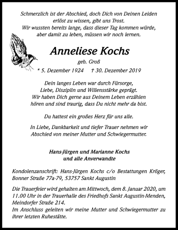 Anzeige von Anneliese Kochs von Kölner Stadt-Anzeiger / Kölnische Rundschau / Express