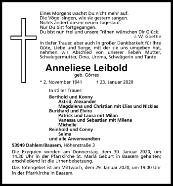 Anzeige von Anneliese Leibold von Kölner Stadt-Anzeiger / Kölnische Rundschau / Express