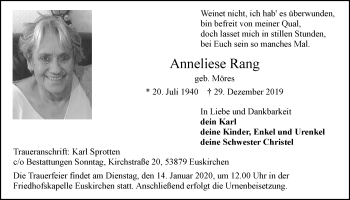 Anzeige von Anneliese Rang von  Blickpunkt Euskirchen 