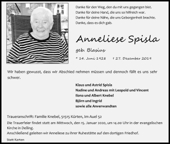 Anzeige von Anneliese Spisla von Kölner Stadt-Anzeiger / Kölnische Rundschau / Express