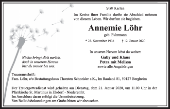 Anzeige von Annemie Löhr von  Sonntags-Post 