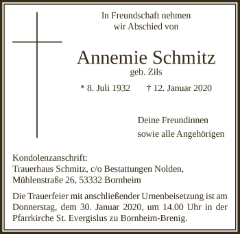 Anzeige von Annemie Schmitz von  Schaufenster/Blickpunkt 
