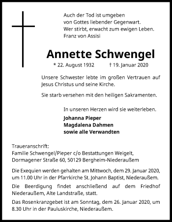 Anzeige von Annette Schwengel von Kölner Stadt-Anzeiger / Kölnische Rundschau / Express