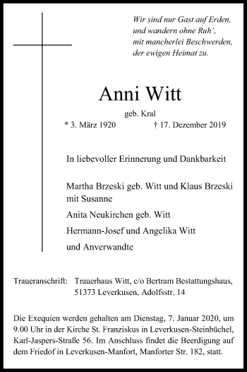 Anzeige von Anni Witt von Kölner Stadt-Anzeiger / Kölnische Rundschau / Express