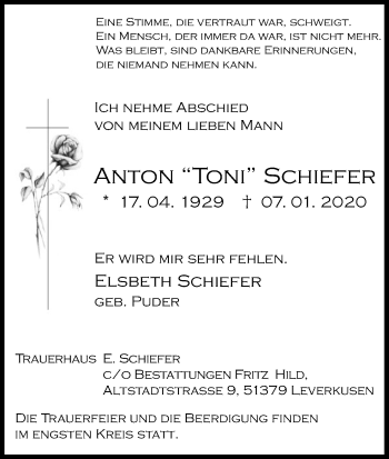 Anzeige von Anton Schiefer von Kölner Stadt-Anzeiger / Kölnische Rundschau / Express