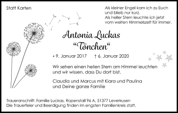 Anzeige von Antonia Luckas von Kölner Stadt-Anzeiger / Kölnische Rundschau / Express