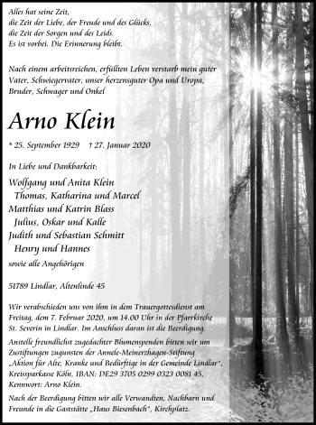 Anzeige von Arno Klein von Kölner Stadt-Anzeiger / Kölnische Rundschau / Express