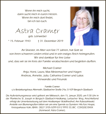 Anzeige von Astra Cramer von  Bergisches Handelsblatt 