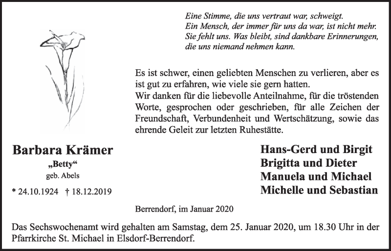  Traueranzeige für Barbara Krämer vom 18.01.2020 aus  Sonntags-Post 