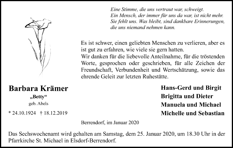  Traueranzeige für Barbara Krämer vom 18.01.2020 aus Kölner Stadt-Anzeiger / Kölnische Rundschau / Express
