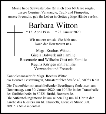 Anzeige von Barbara Witton von Kölner Stadt-Anzeiger / Kölnische Rundschau / Express